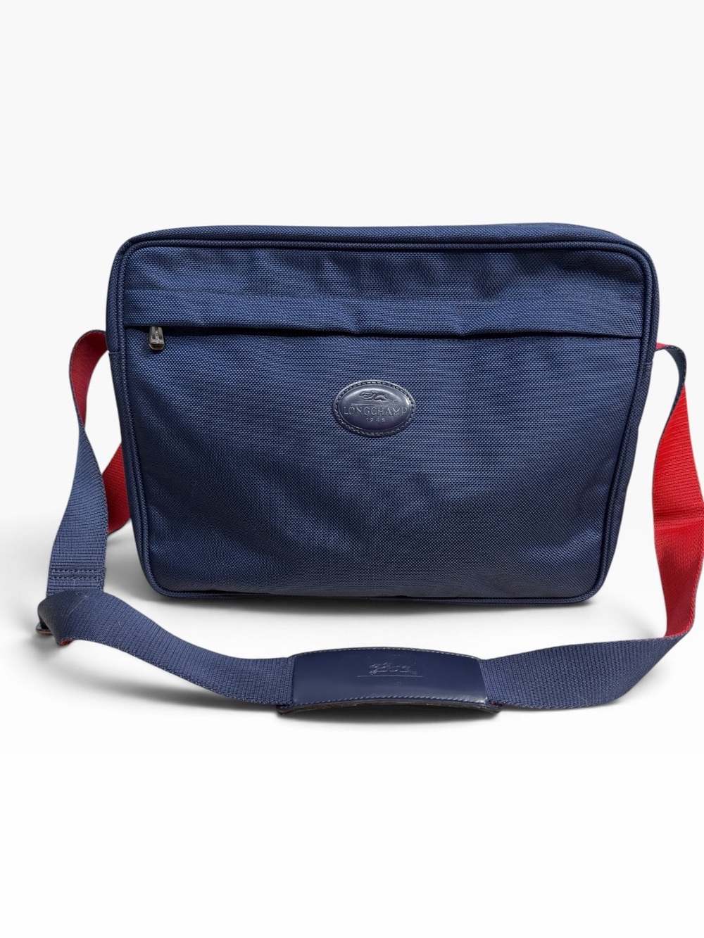 Longchamp Vintage Navy Blue Nylon Messenger Crossbody Shoulder Bag Red Accents